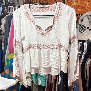 Onetheland Boho Embroidered Peasant Blouse White Tassel Tie Size S